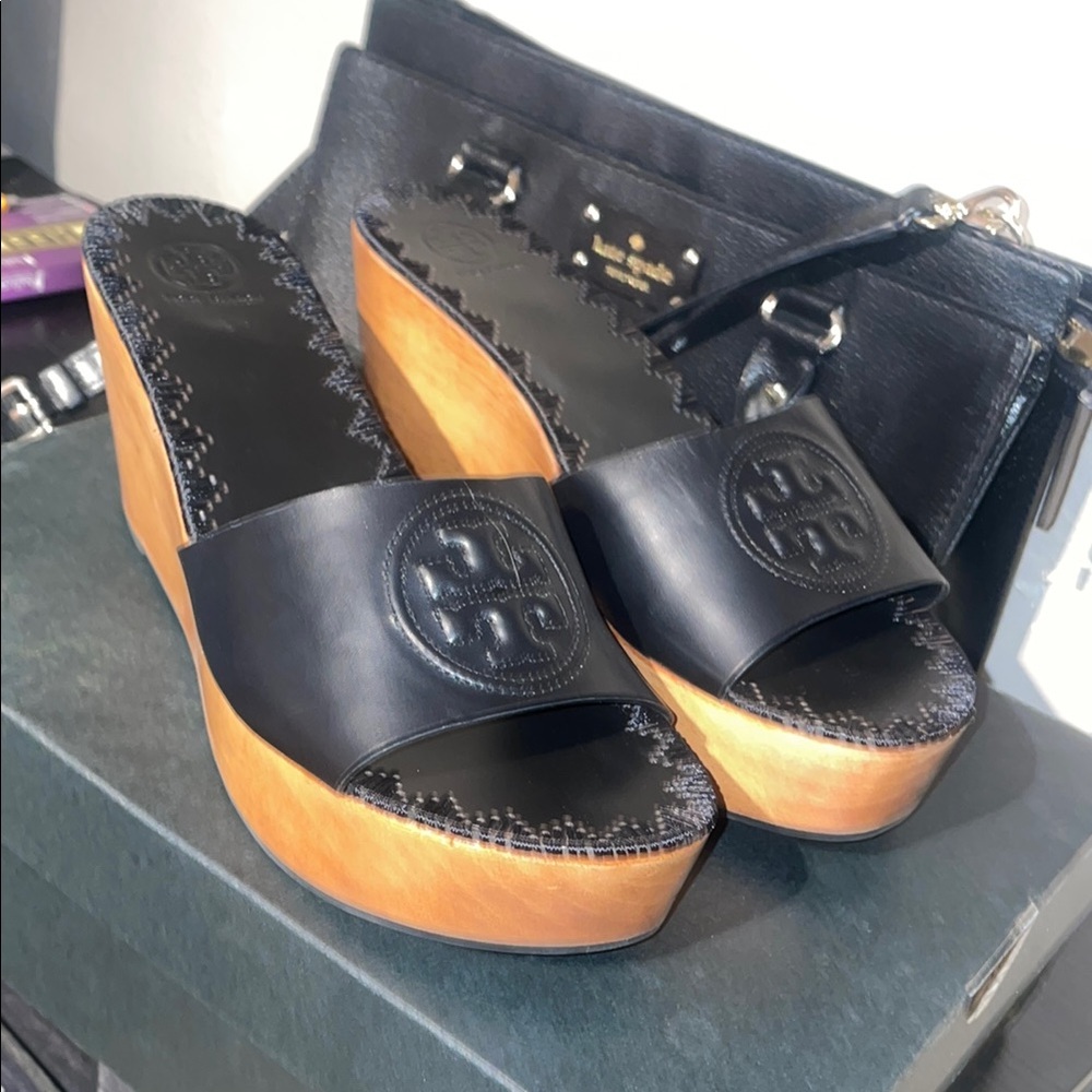 Tory Burch Black and Brown Wedge Shoes with Stud Detailing